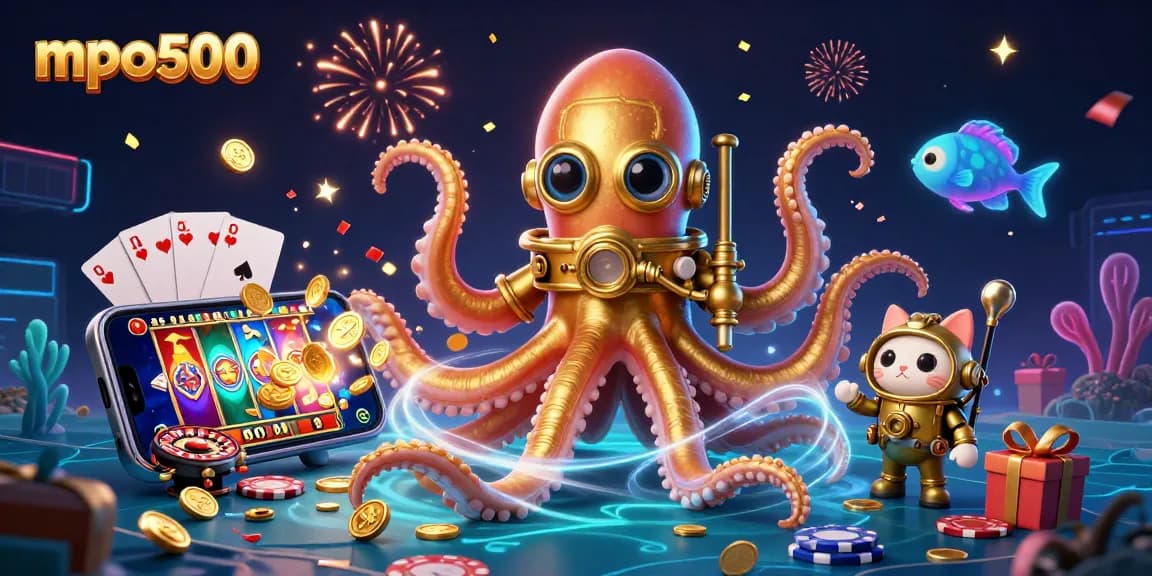 The mpo500 celebrates gaming with a colossal kraken, diving cat, and vibrant slot game nearby.