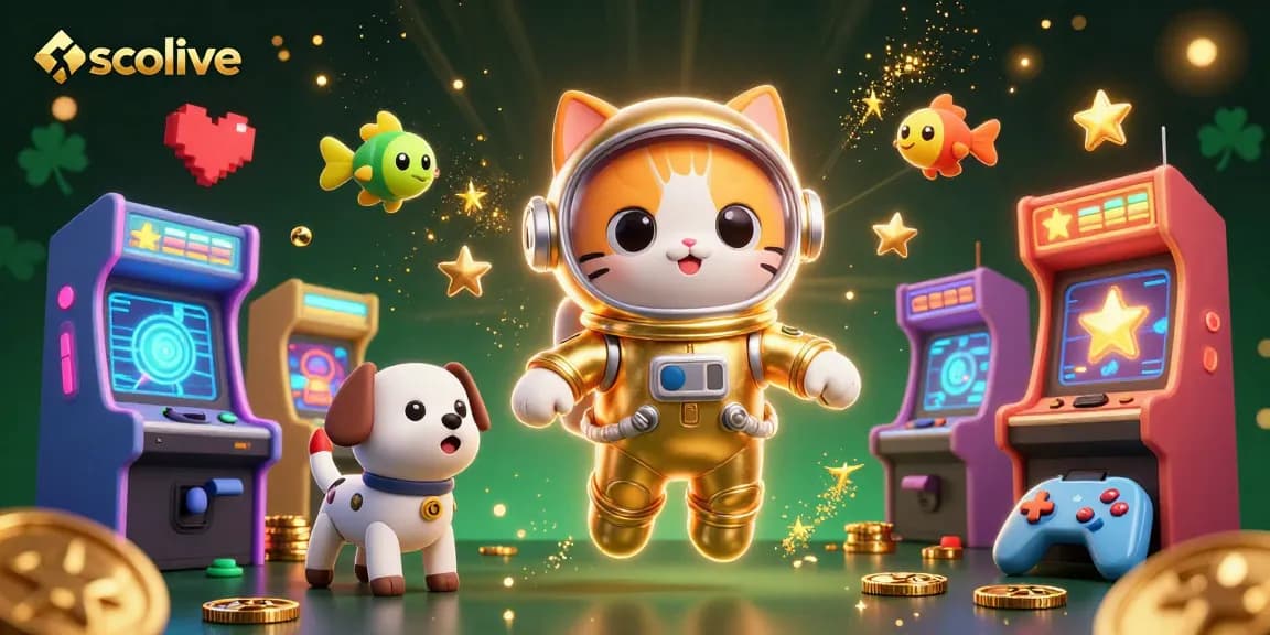 Socolive immerses players in dynamic gaming with a cartoon astronaut cat and vibrant arcade elements.