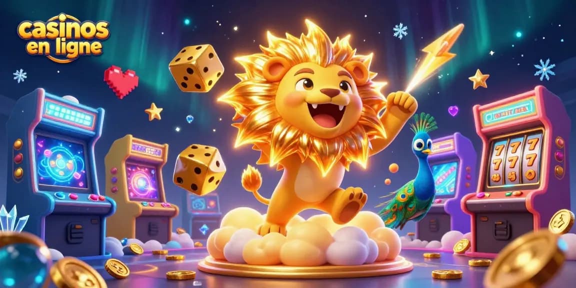 Casinos en ligne : illustration dynamique d'un lion sur un nuage doré avec des symboles de machines à sous.