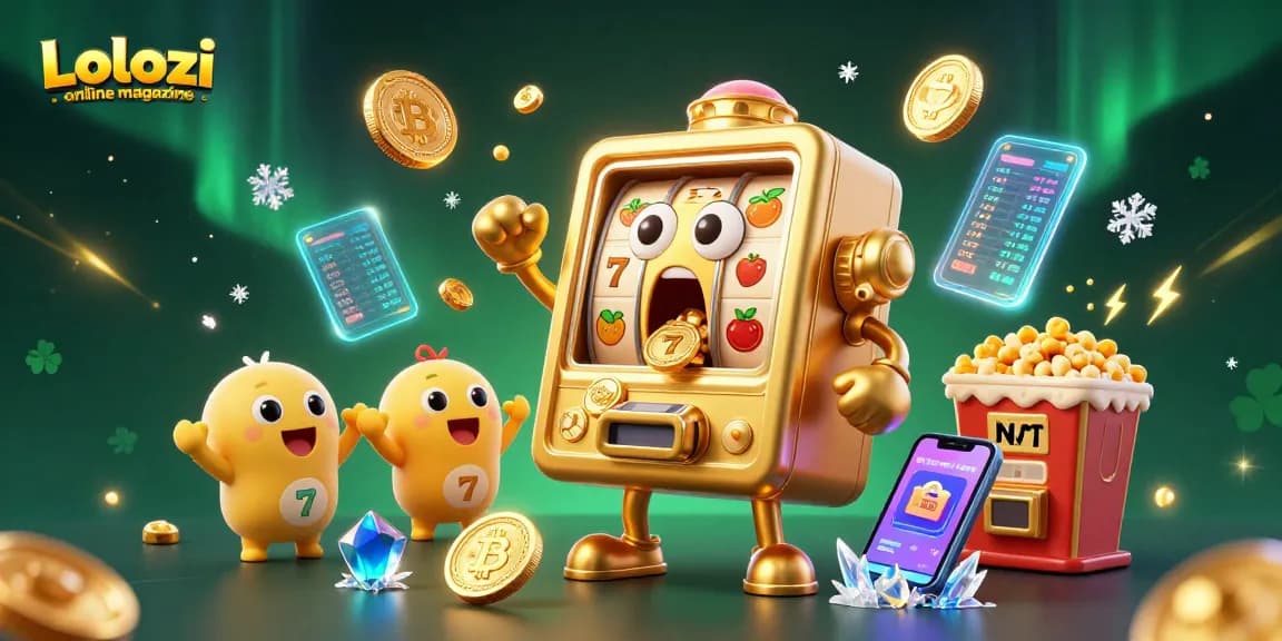 Lolozi online magazine showcases a cartoon slot machine celebrating a jackpot, surrounded by casino symbols and crypto elements.