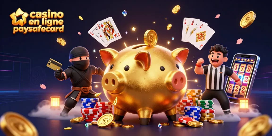 Illustration dynamique de casino en ligne paysafecard avec un sumo en forme de tirelire dorée et des éléments de jeux
