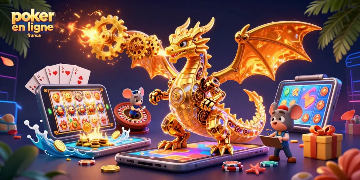 Jouer au poker en ligne France avec une dragonne mécanique et des chips colorés en arrière-plan.