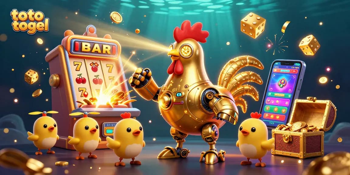 Engage in toto togel excitement with a retro-futuristic golden rooster robot in a vibrant casino scene.