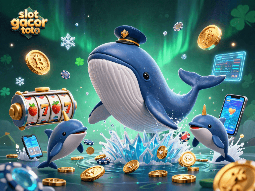 Experience the thrill of slot gacor toto with a vibrant 3D scene featuring a cartoon whale, slot reels, and playful dolphins.