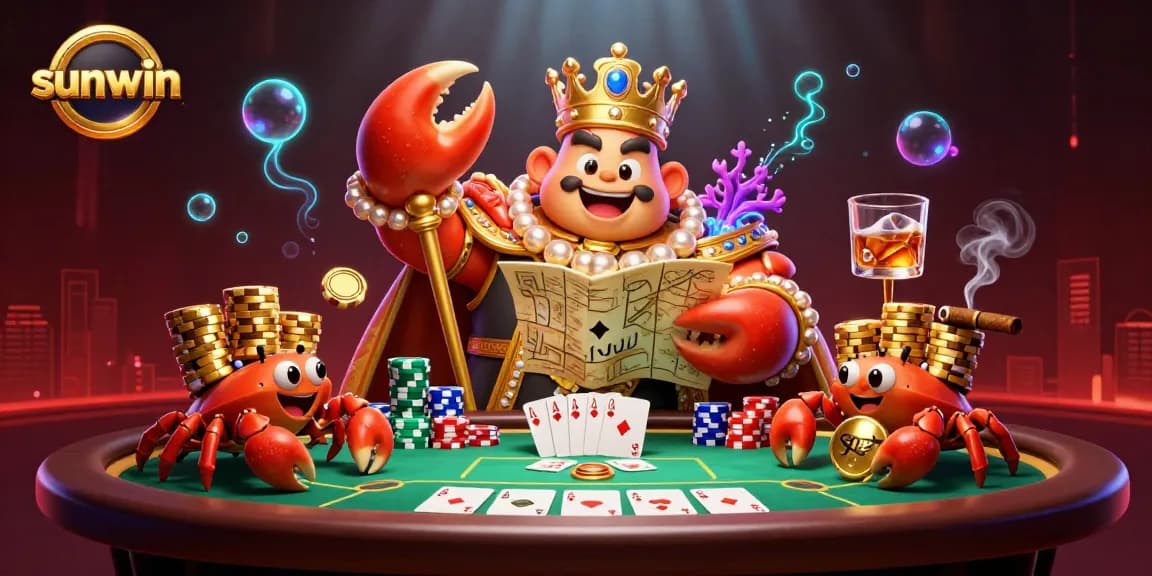Experience the vibrant sunwin casino scene with a golden crab emperor and poker action.