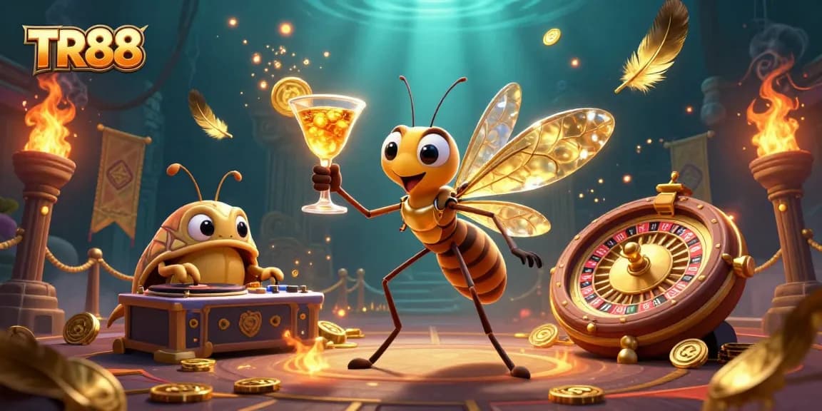 Engage with TR88 in an energetic casino scene featuring vibrant characters and dynamic game elements.