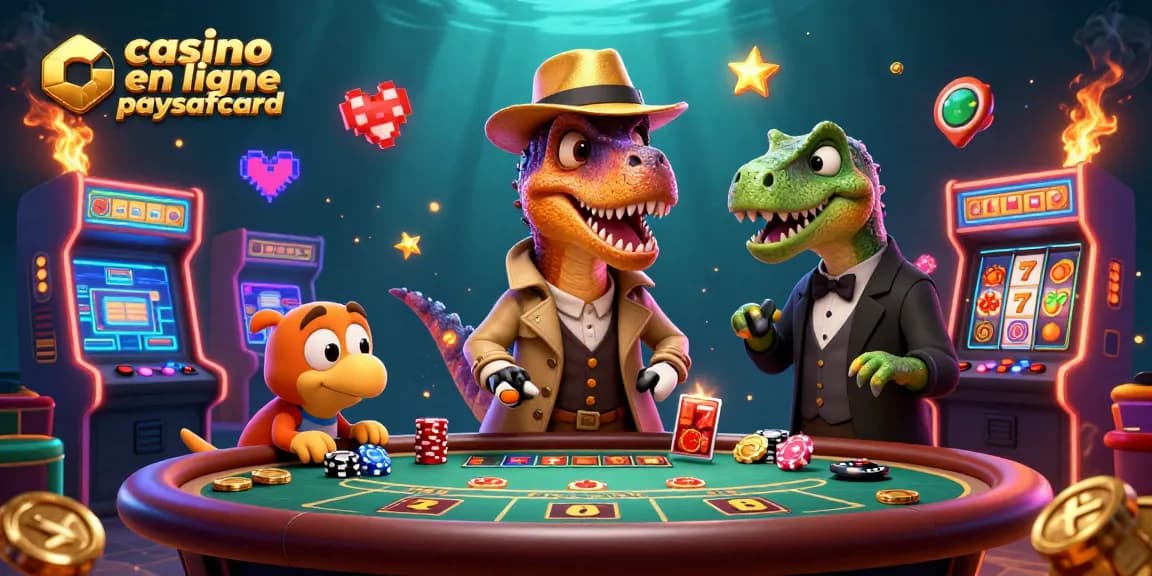 Découvrez un velociraptor jouant au blackjack dans un casino en ligne paysafecard animé avec des effets scintillants.