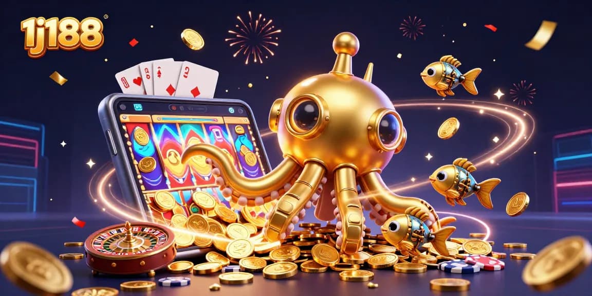 Experience excitement with 1j188, featuring a golden kraken submarine amidst a treasure of slot games and lavish prizes.