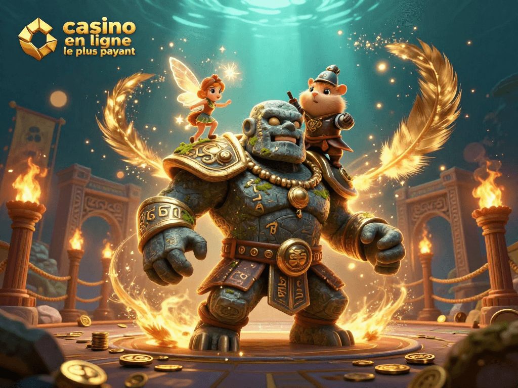 Plongez dans l'univers du casino en ligne le plus payant avec ce golem majestueux, une fée magique et un hamster chevalier, entourés de richesses dorées.