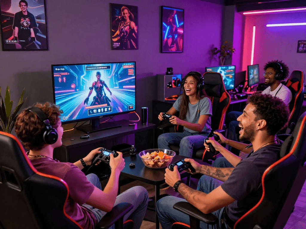 Exciting group of friends playing immersive sex games together, showcasing a fun gaming atmosphere.