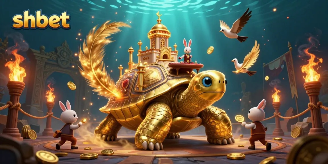 Engage in thrilling adventures with shbet at a vibrant casino scene featuring a golden tortoise and elements of excitement.