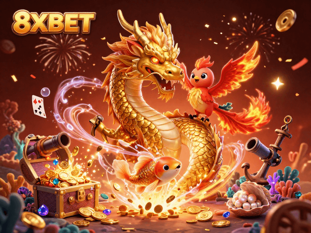 Experience thrilling wins with 8XBET in this vibrant 3D casino scene featuring dynamic dragons and coins.