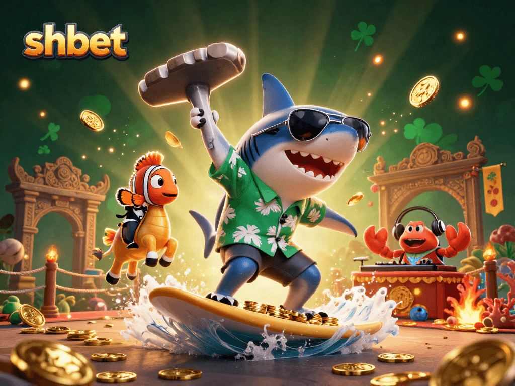 Surf the excitement with shbet: A vibrant illustration featuring a shark, clownfish, and crab at a dynamic casino scene.