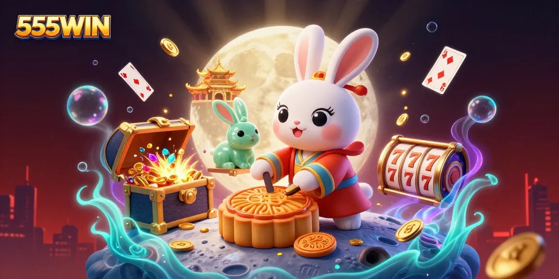 Experience the excitement of 555WIN as the moon rabbit reveals poker chips among gold coins in a vibrant 3D scene.