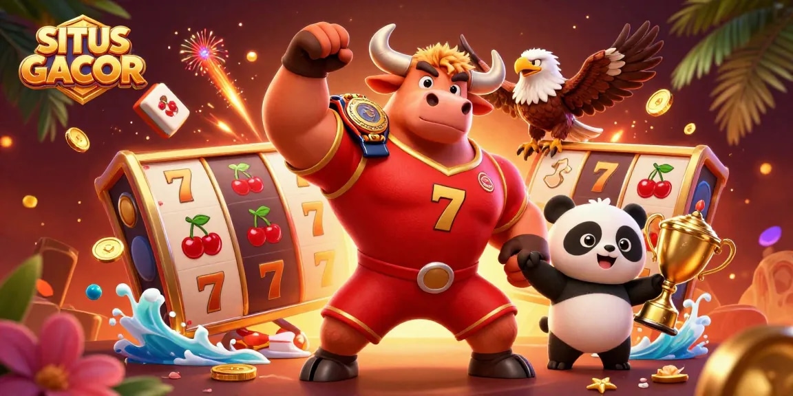 Engage with SITUS GACOR's exciting slot games, dynamic 3D casino characters celebrating in vibrant visuals.