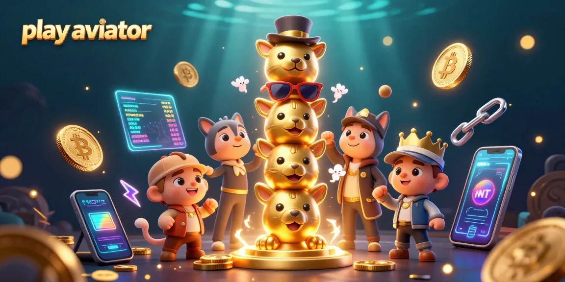 Play aviator with fun cartoon characters and vibrant casino elements in this casino-themed illustration.