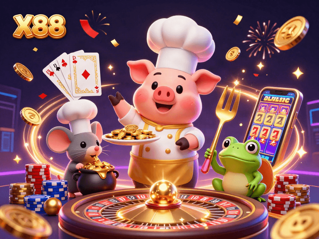 X88 brings excitement to online gambling with vibrant casino-themed illustration featuring characters and golden coins.
