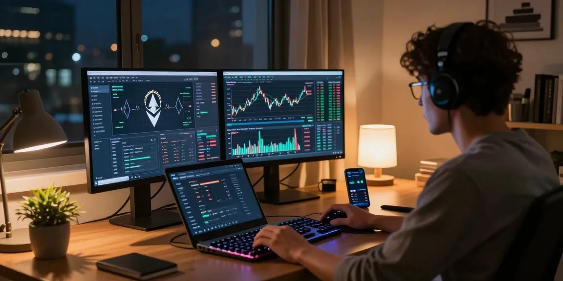 Manta Bridge facilitating secure ETH transfers between networks in a high-tech cryptocurrency trading setup.