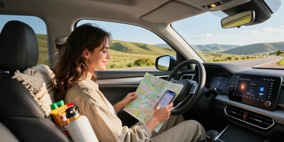 Couple on a road trip in an SUV exploring new destinations with NAGA2000 navigation app support.
