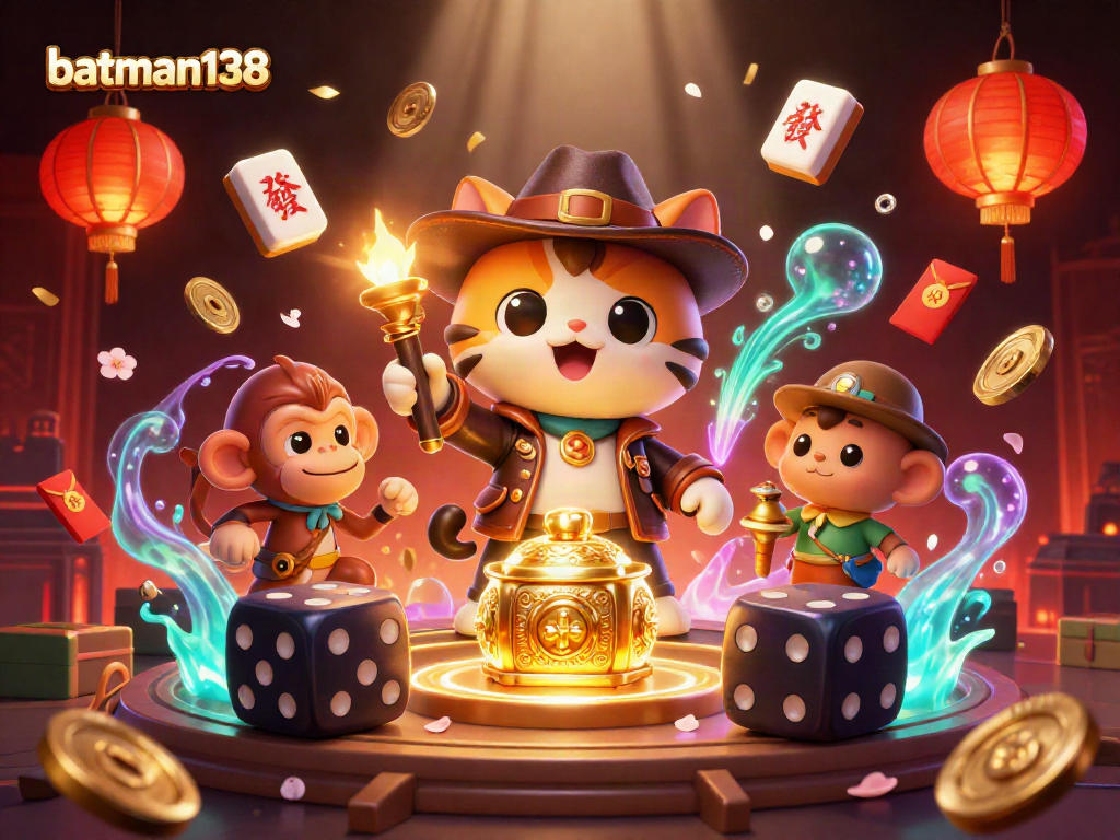 Engage with batman138's vibrant casino adventure featuring a treasure-seeking cat and monkey.