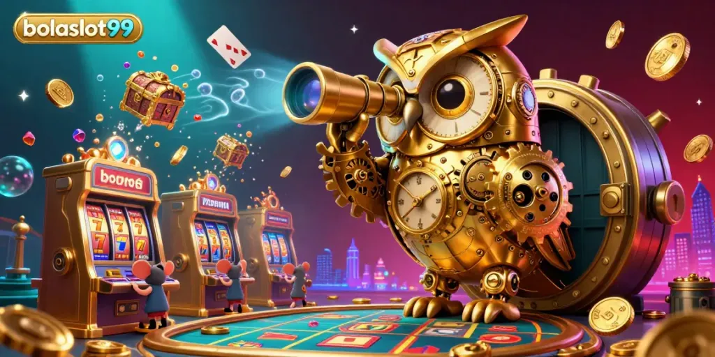 Engage in thrilling gameplay with bolaslot99 and vibrant casino elements, featuring a golden owl and dynamic slot machines.