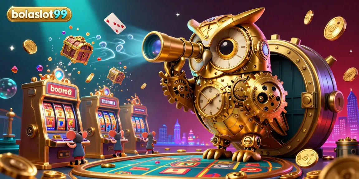 Engage in thrilling gameplay with bolaslot99 and vibrant casino elements, featuring a golden owl and dynamic slot machines.