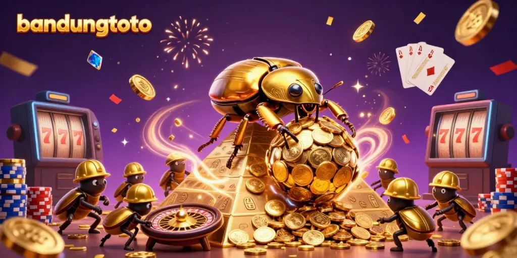 Join the fun at bandungtoto while a golden beetle rolls coins, surrounded by vibrant casino symbols.