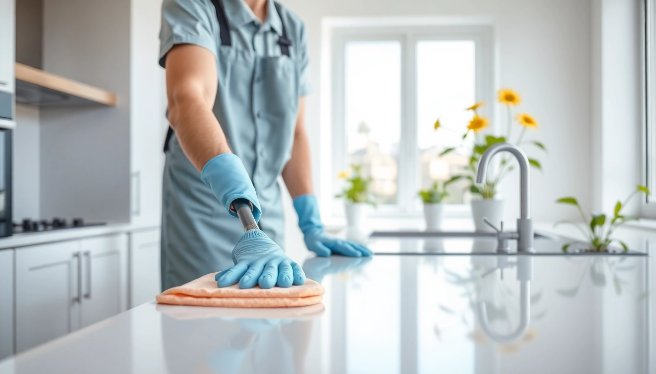 Bond cleaning in a bright kitchen with a professional cleaner scrubbing surfaces.