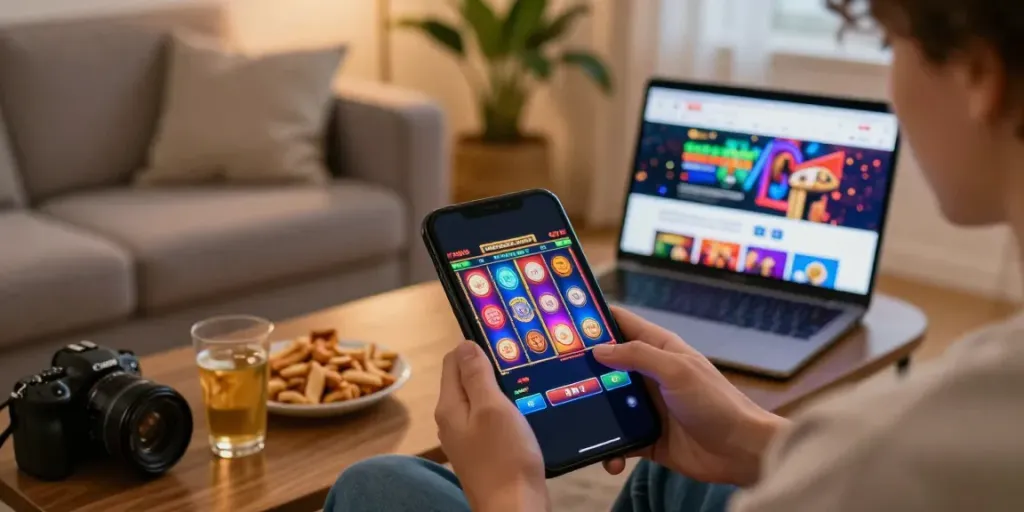 Engaging in ทดลองสล็อต mobile gaming from a cozy home setup.