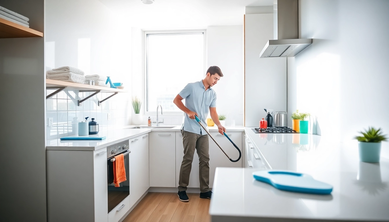 Bond cleaning in a pristine kitchen with gleaming countertops and cleaning tools in action.
