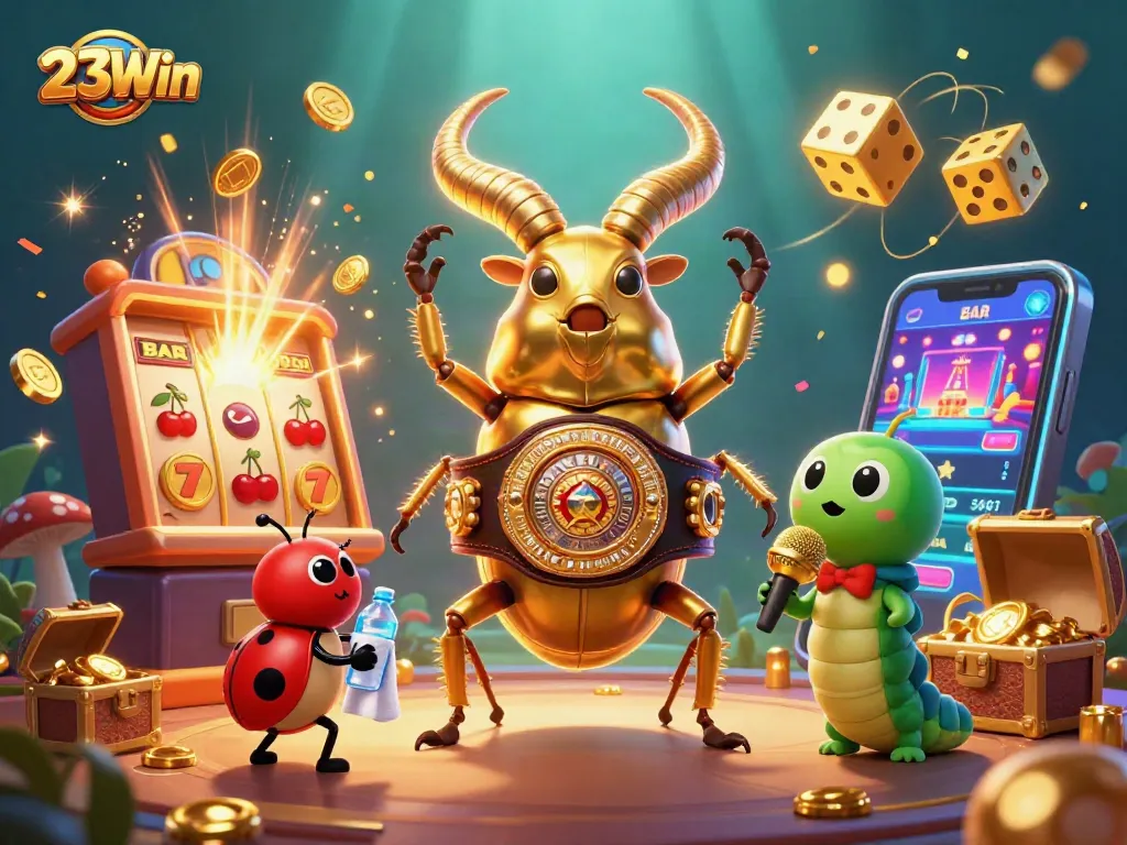 Experience the excitement of 23Win with a visual display of a magical casino scene featuring captivating characters and games.