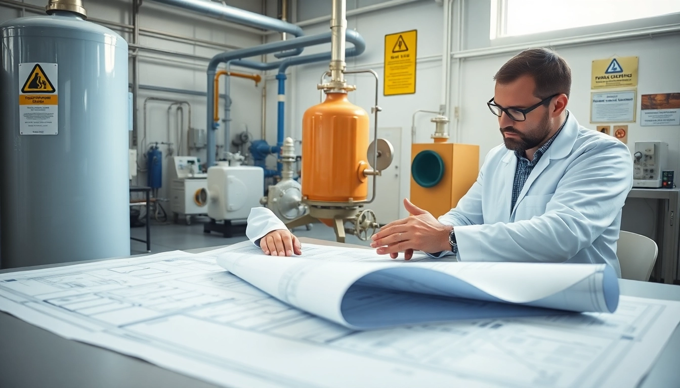Engineer reviewing CRN Registration documents and pressure vessel designs in a professional setting.
