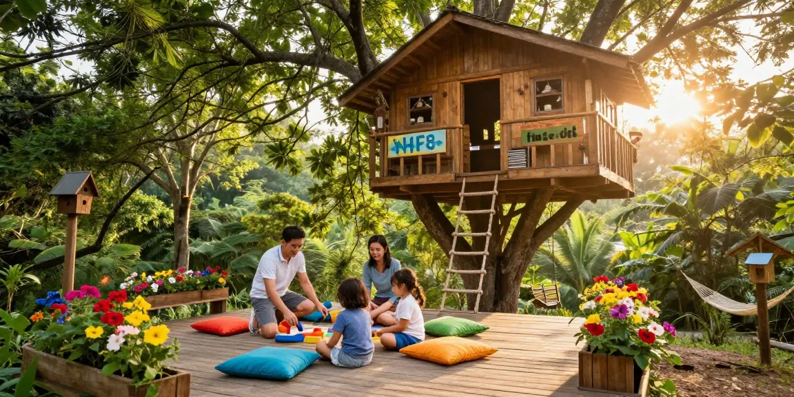 Family enjoying games in a treehouse surrounded by nature.
