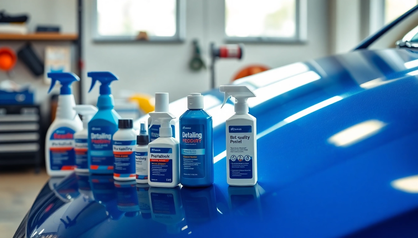 Showcasing the best products for car detailing on a clean workbench with a shiny car.
