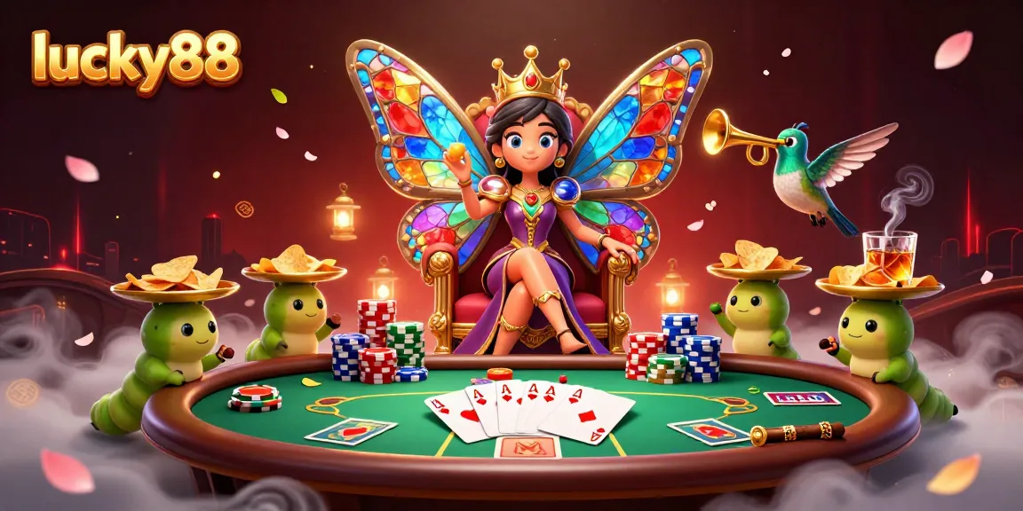 Experience lucky88 with vibrant poker action featuring a butterfly queen and colorful chips.