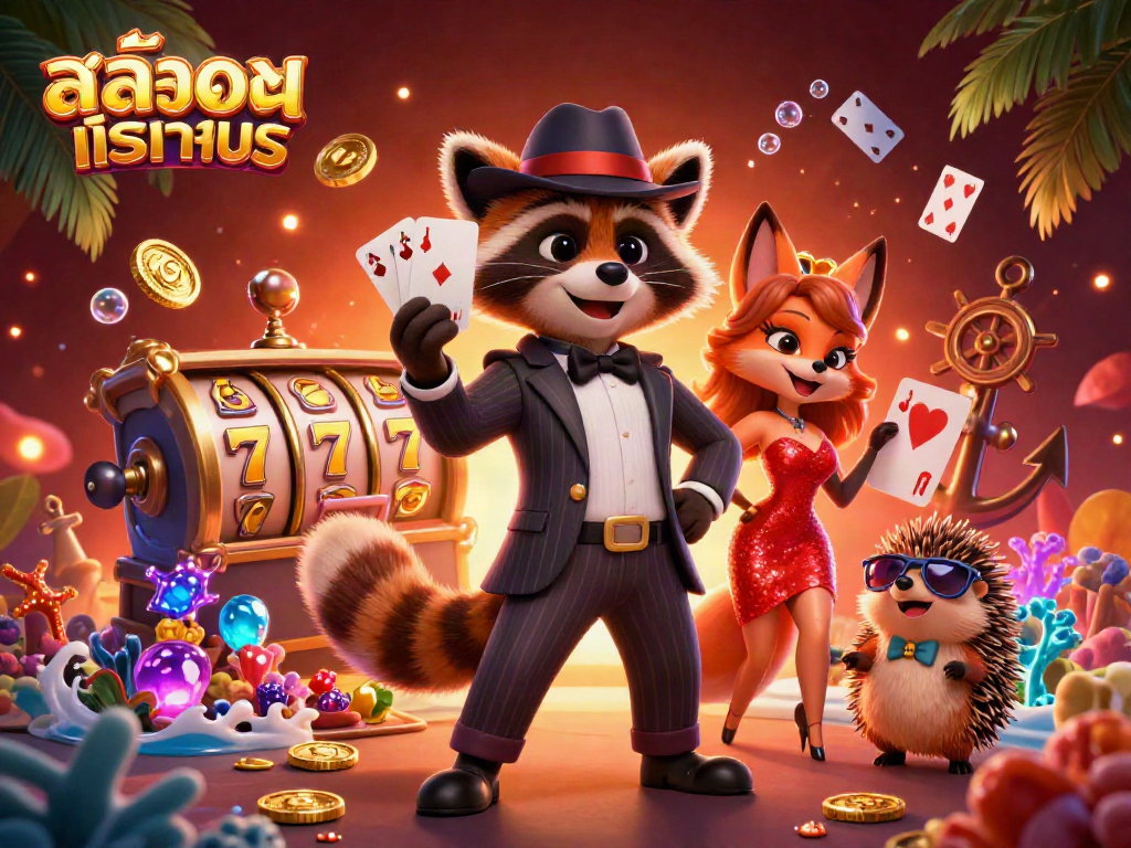 Experience thrilling สล็อตทดลอง with a suave raccoon and enchanting characters amidst vibrant casino elements.
