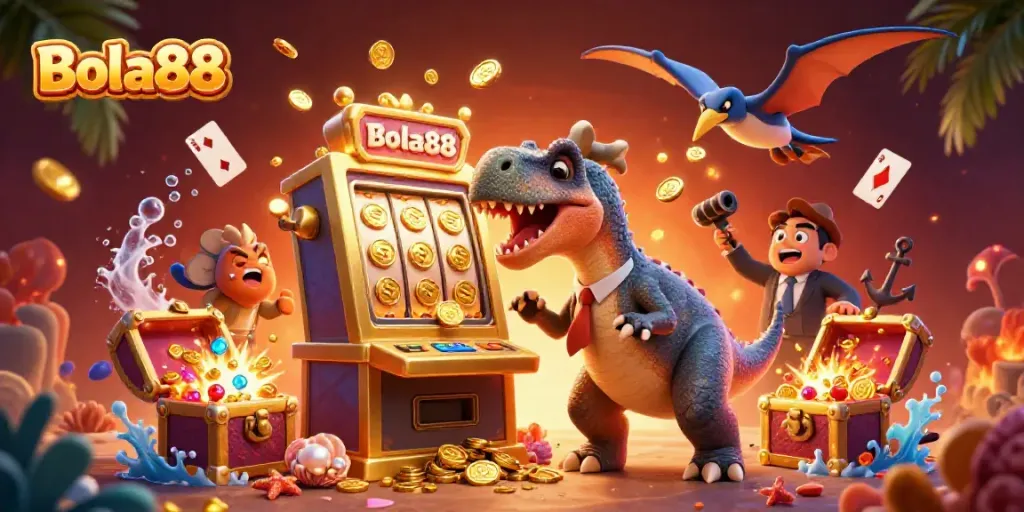 Bola88 slot-themed jackpot scene with animated dinosaurs celebrating a big win.