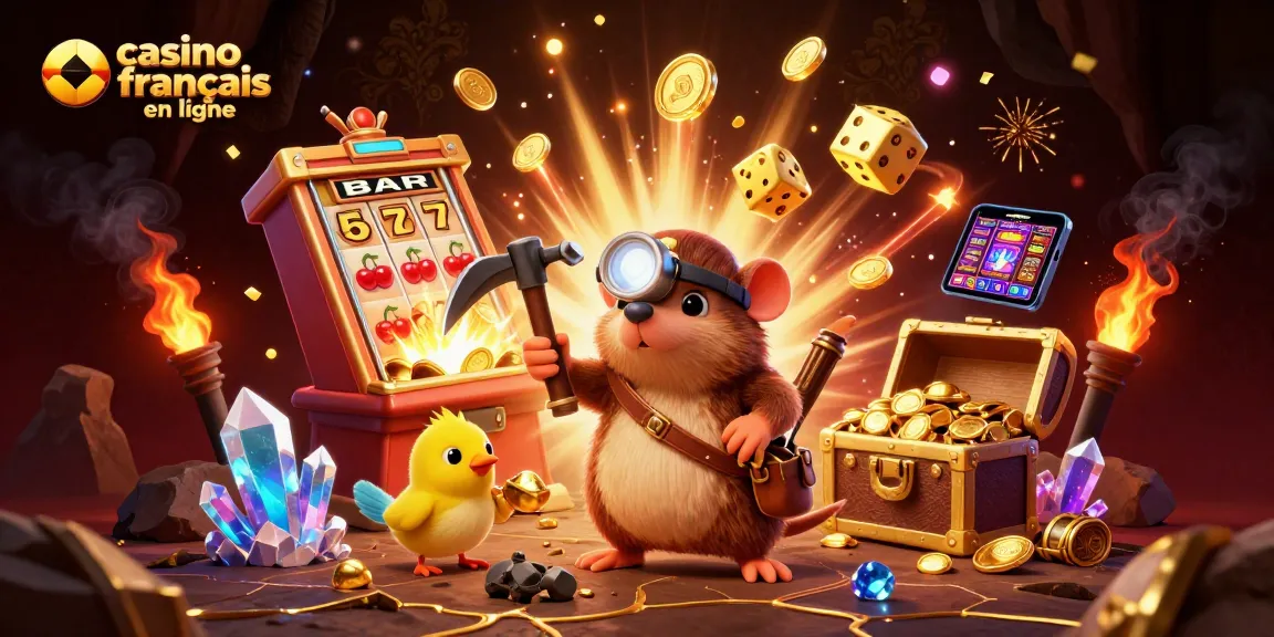 Venez découvrir le casino français en ligne avec notre illustration dynamique d'un rongeur chasseur de trésors et un canari, entourés de machines à sous.
