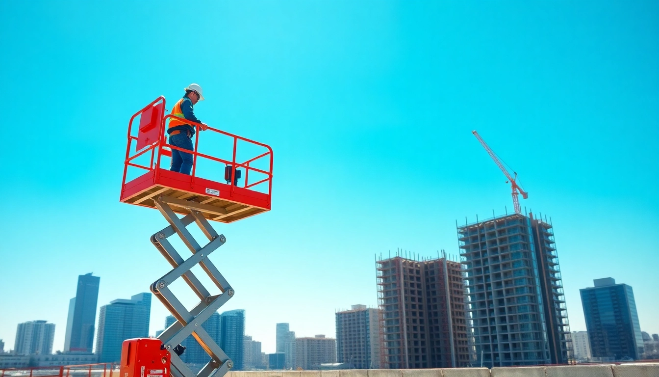 Worker operating cherry picker at a construction site for safe elevation.