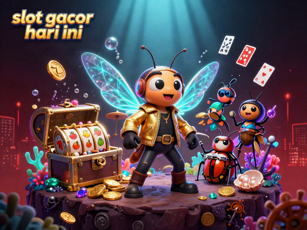 Engage with slot gacor hari ini through this vibrant 3D illustration featuring a rock star cicada and gaming elements.