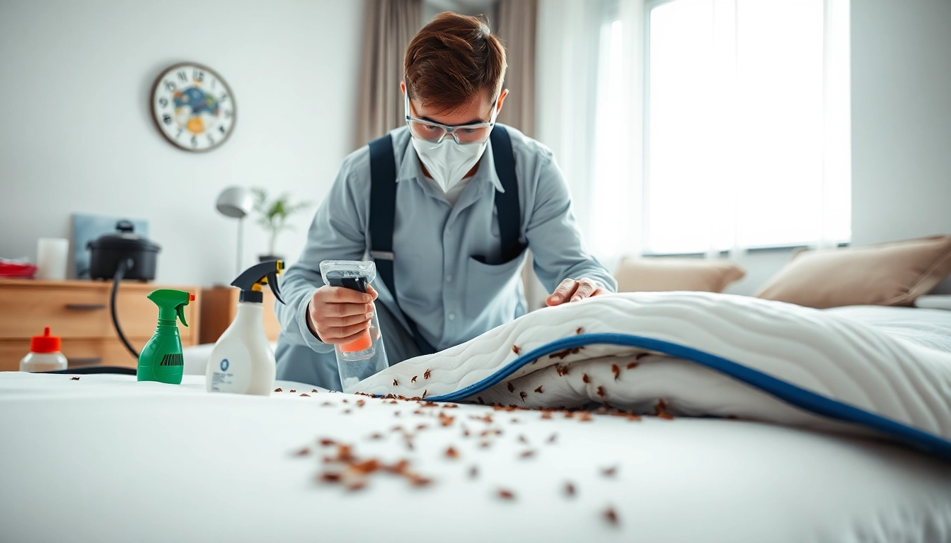 Bed bug treatment by a professional technician inspecting a mattress for pests.