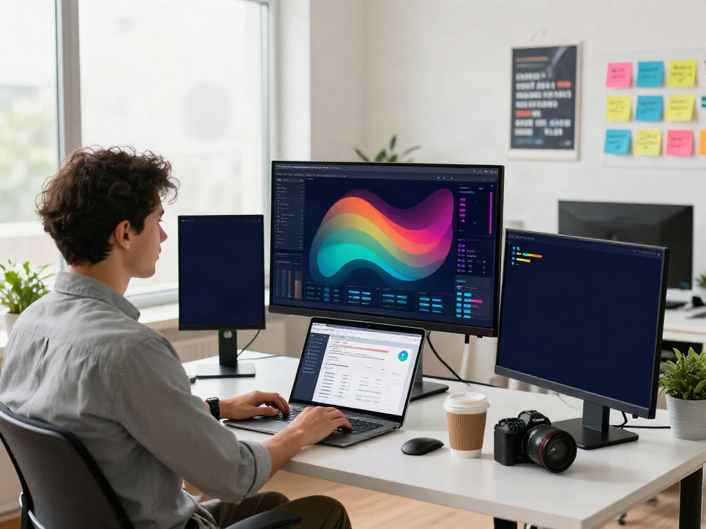 Digital marketing strategist analyzing data to gain more.. insights in a vibrant workspace.