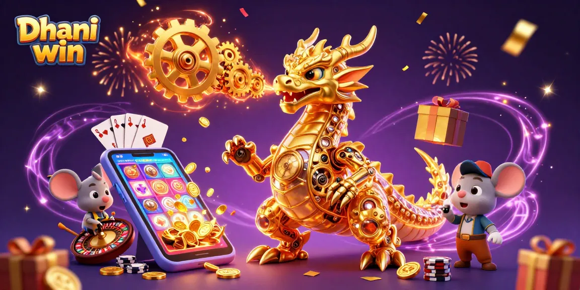 Dhani win captivates players with a vibrant casino scene featuring a golden dragon and a smartphone slot game.