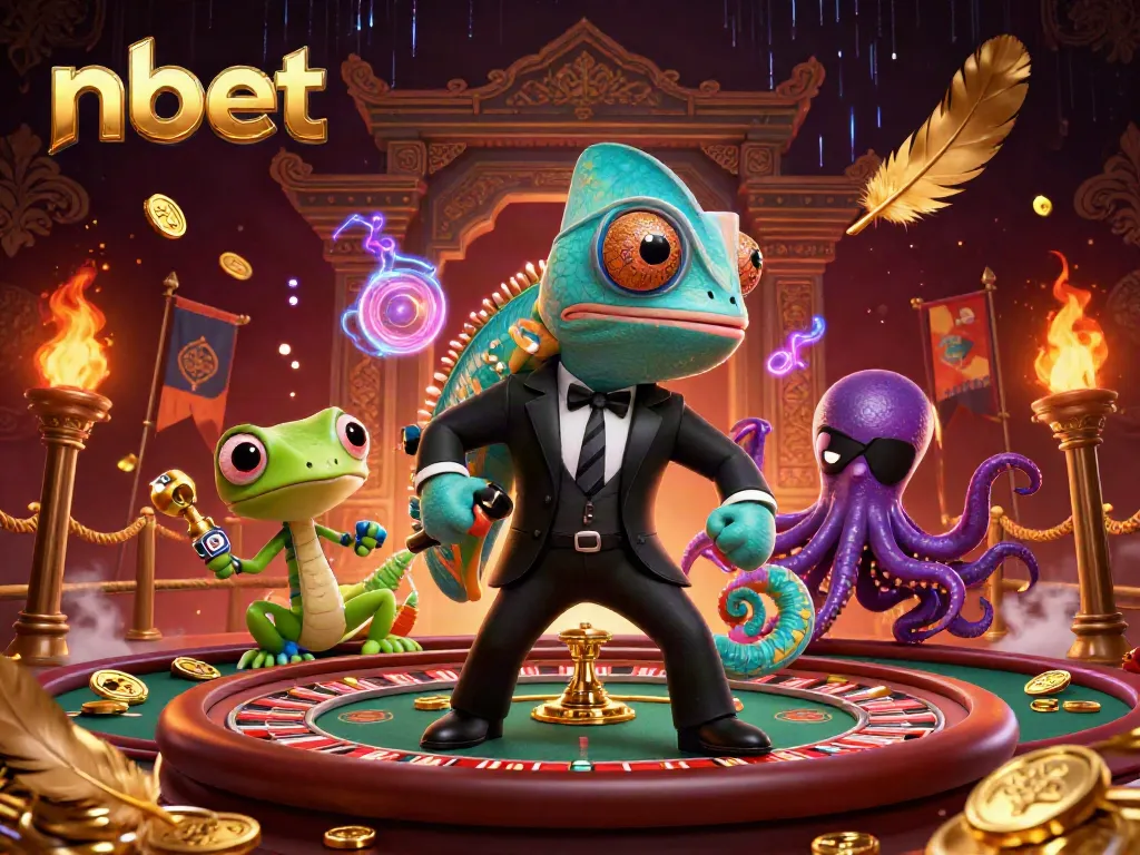 Experience thrilling nbet gaming with a dynamic 3D illustration featuring a chameleon, gecko, and octopus in a vibrant casino environment.