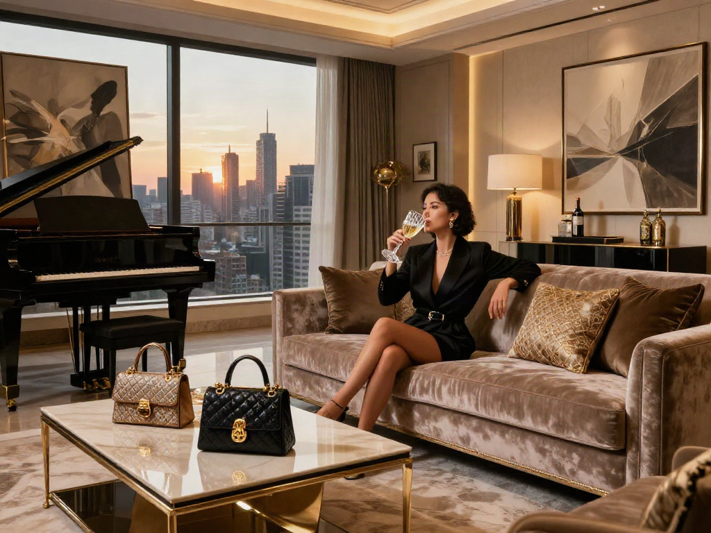 Gaya hidup mewah LUXURY111 di ruang tamu elegan dengan pemandangan kota yang menakjubkan.