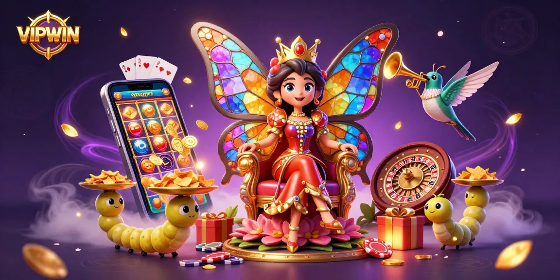 Experience VIPWIN with a vibrant 3D scene showcasing the butterfly queen and dynamic gaming elements.