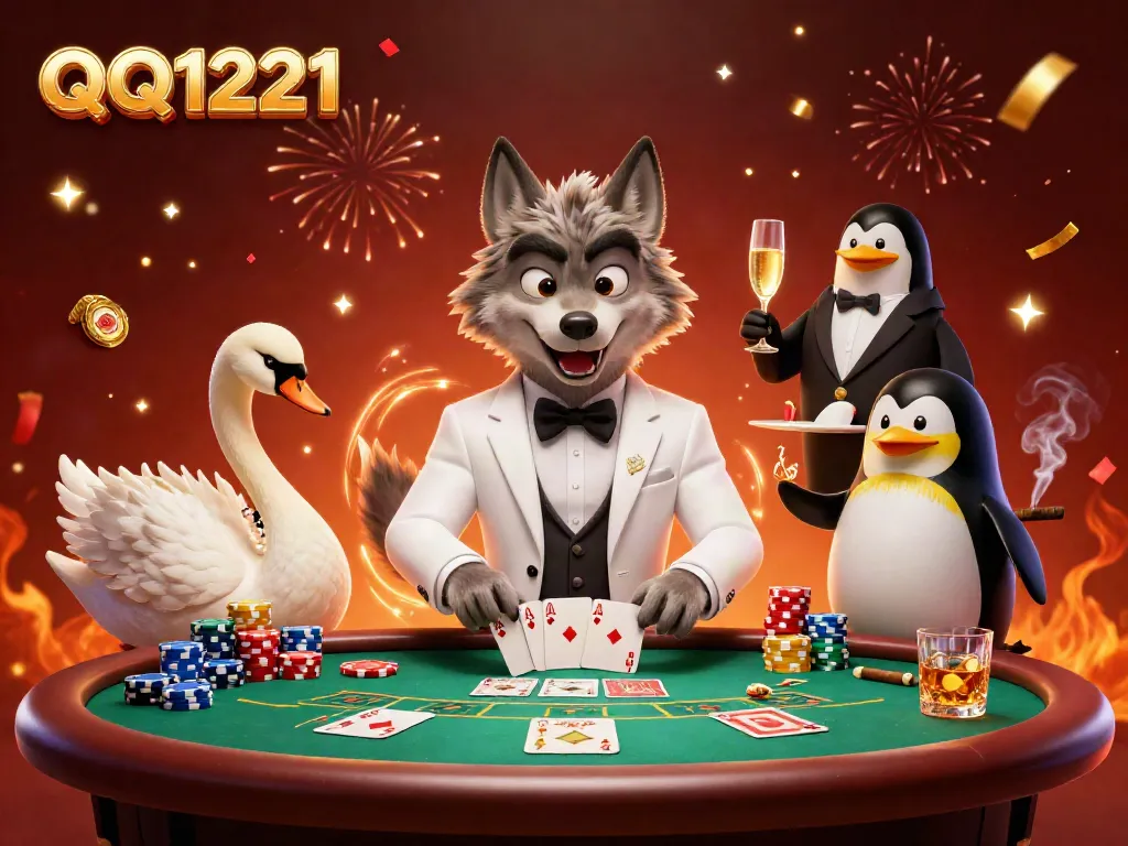 Engaging scene of QQ1221 showcasing a debonair wolf, elegant swan, and sophisticated penguin at a baccarat table.