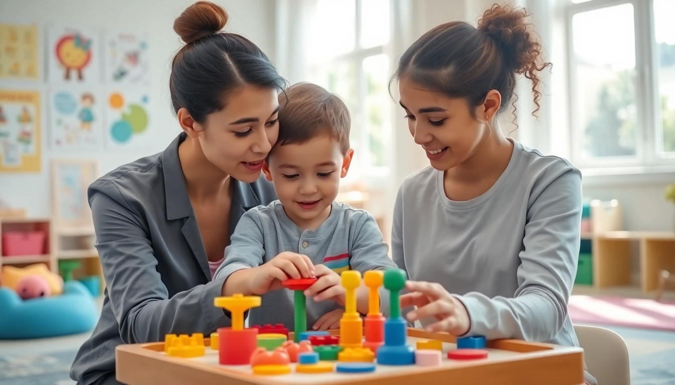 Engage in early intervention ABA therapy with a therapist guiding a child in a bright learning environment.