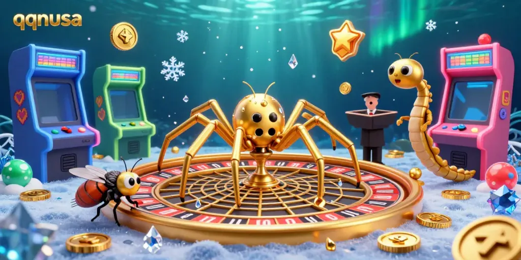 Engage in thrilling bets and spins at qqnusa's colorful 3D golden spider-themed casino.