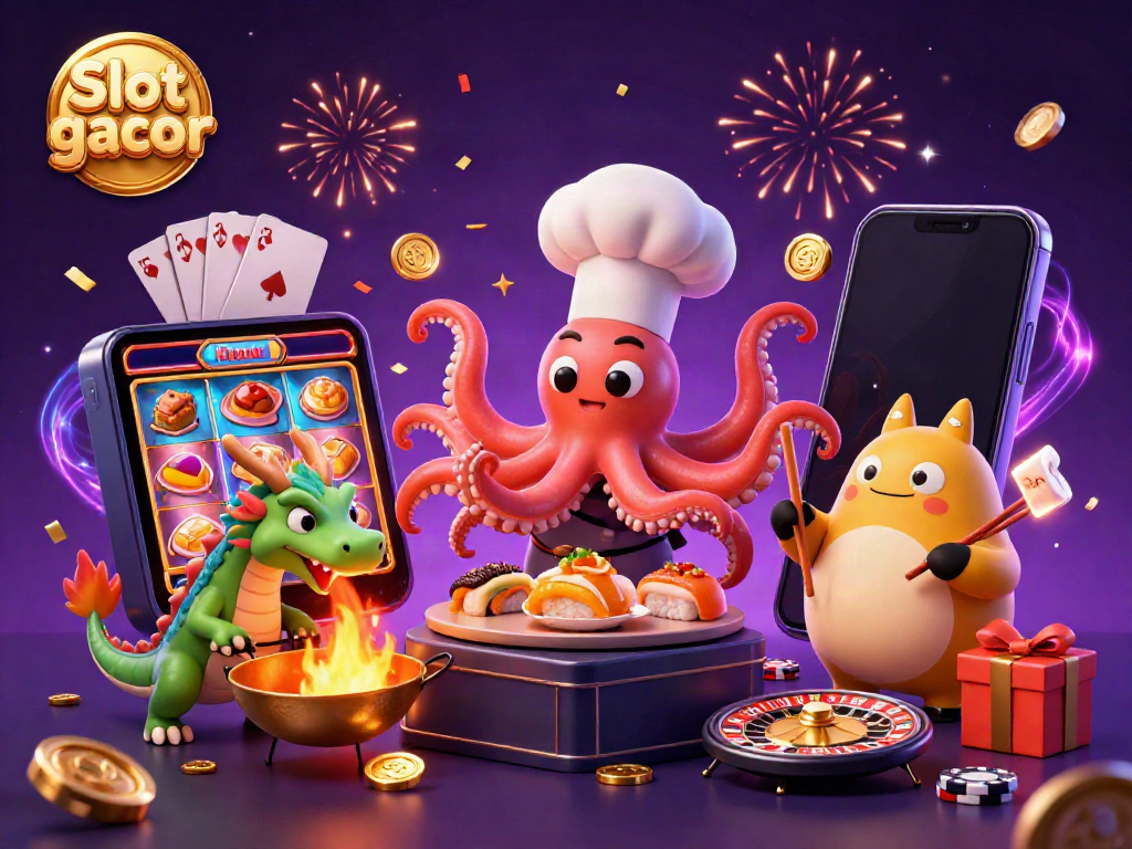 Experience the excitement of Slot gacor with a dynamic 3D scene featuring an octopus chef, dragon, and tanuki amidst colorful casino elements.